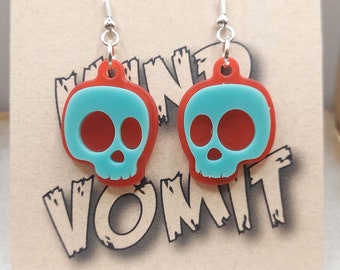 Cute Cartoon Skull Earrings - TEAL/RED