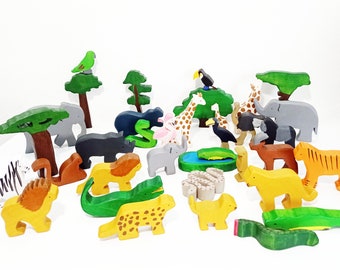 Safari exotic animals wooden toy 36pieces set, wooden animals toy set, waldorf inspired wooden animals, christmas birthday gift for kids