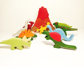 Dinosaur world with volcano stacking toy set, wooden waldorf toys, gift for kids, stacking toys, wooden animals dinosaur, dino wood toy gift