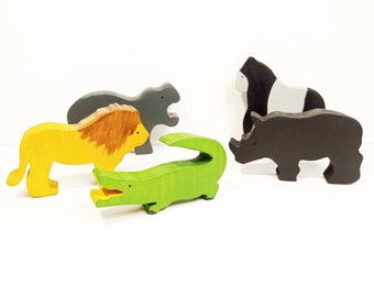 Ensemble de jouets d'animaux de safari exotiques inspirés de Waldorf, animaux en bois de Waldorf, ensemble de jeu ouvert, cadeau d'anniversaire de Noël pour enfants et tout-petits