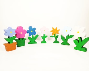 花の木製おもちゃセット、ウォルドルフ玩具の花、自由遊び玩具、ウォルドルフ木製玩具、手作り木製玩具、季節の自然をテーマにしたテーブルデコレーション