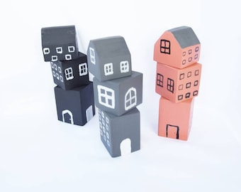 Set of 9 block houses, wooden block hoouses toy set, wooden waldorf play set, houses toy set, imaginative open ended play, christmas gift