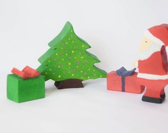 Santa with christmas tree and gifts, wooden santa figurine, christmas santa decoration, christmas toy set, gift for kids, waldorf wooden toy