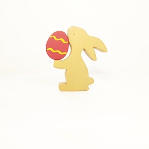 Bunny with red Easter egg wooden toy decoration, wooden easter bunny decor, play room decoration, seasonal table decor, waldorf decoration