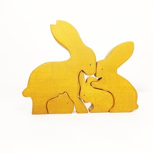 Wooden rabbits family puzzle, wooden hare family puzzle toy set, home decor, waldorf animal family wooden toy set, animal figurines