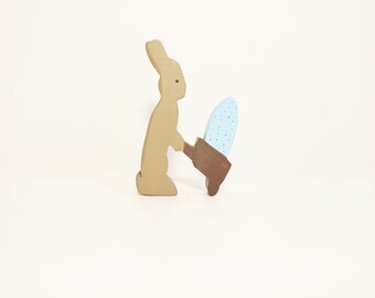 Easter bunny with cart toy, easter bunny with eegg, easter wooden decoration, easter toy bunny, seasonal table decoration, easter gift