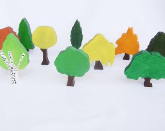 May include: A set of nine wooden toy trees in various colors, including green, yellow, orange, and brown. The trees are all different shapes and sizes, and they would be a great addition to any child's playroom.