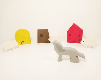 Three little pigs wooden toy set, story sack, toy set, wooden story set, 3 pigs, waldorf toy, kids toy, story inspired toy, gift for kids
