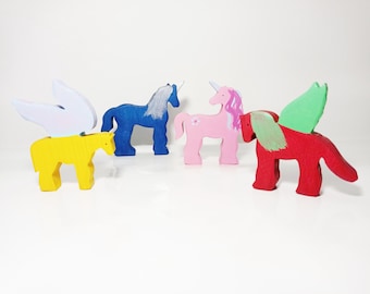 Unicorns and Pegasus toy set, wooden unicorn toy, Pegasus toy, wooden waldorf toy, open ended play set, imaginative play toy, wooden toys