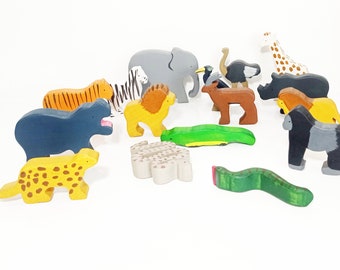 exotic animals wooden toy set, waldorf inspired wooden animals open ended toy, safari animals toys, gift for kids, wooden african animals,