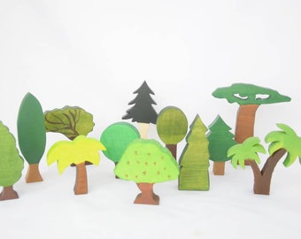 Juego de seis árboles, juego de juguetes de madera para el bosque, árboles de madera, escenas de juego de madera, juego imaginativo, árboles Waldorf, regalo para niños, juego de bosque