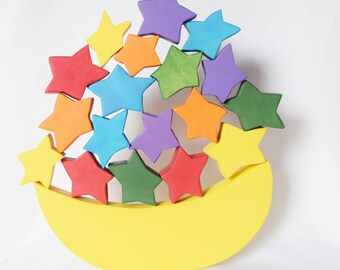 Gioco di equilibrio impilabile a forma di luna e stelle arcobaleno, gioco di equilibrio Waldorf in legno, gioco a mezza luna, regalo di Natale, ispirato al metodo Waldorf
