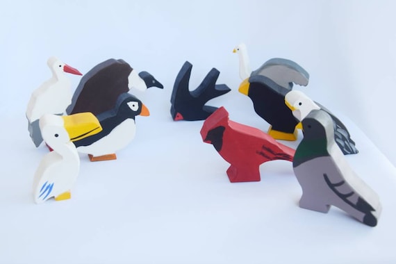 Birds Wooden Toy Set, Waldorf Wooden Bird Toy, Wooden Blackbird
