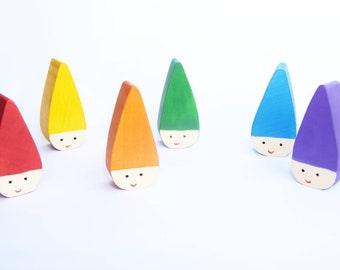 Rainbow gnomes, color sorting toy, loose parts, waldorf toy, wooden gnomes, rainbow wooden toy, gift for kids, stocking filler