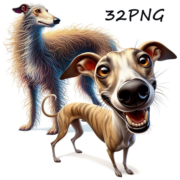 Funny greyhound, whippet, unusual images for your creativity, can be printed on any objects, 32 PNG images with transparent background