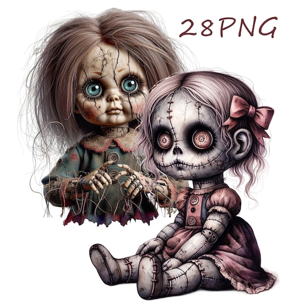 Watercolor creepy dolls, Halloween horror illustrations, vintage creepy luklas png, gothic scary sublimation, 30 PNG transparent background