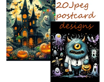 Postcards. poster, Images of a funny Halloween monster, images for your creativity, for printing on any items, for commercial use, 20 Jpeg