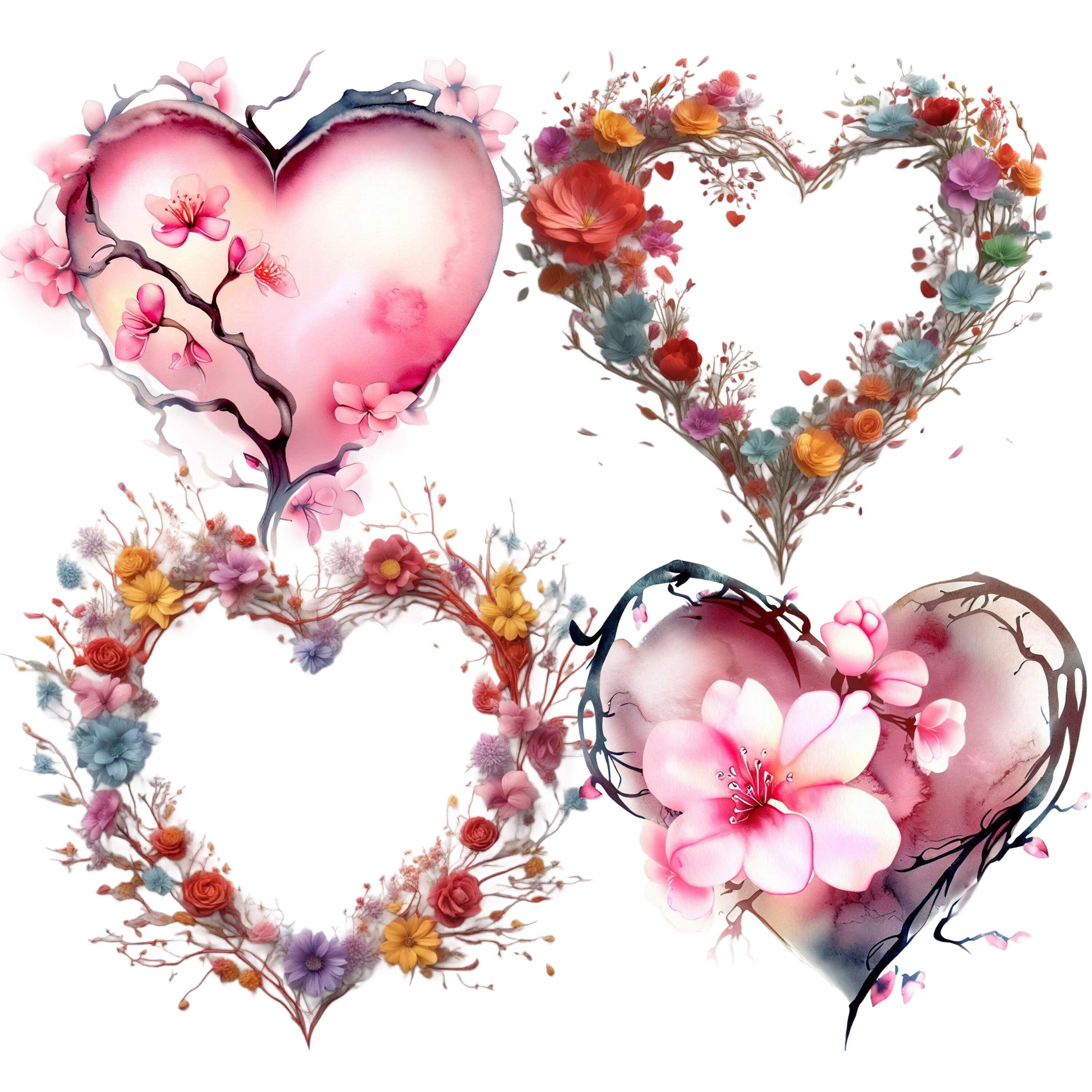 Flower Hearts Clipart, Digital Planners, Mixed Media, Scrapbooking, Instant Digital Download ...
