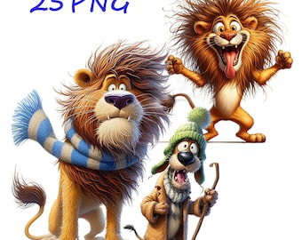 Funny lion, digital illustrations, for your creativity, for printing on any objects, GoodNotes stickers, 25 PNG transparent background