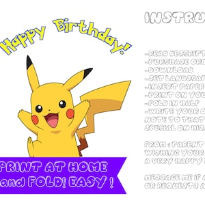 Carte d'anniversaire Pikachu - carte d'anniversaire Pokémon - carte d'anniversaire numérique - téléchargement et impression - note personnalisée - joyeux anniversaire
