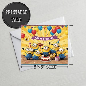 Födelsedagskort med Minions-tema - Skriv ut hemma - Digitalt födelsedagskort - Ladda ner och skriv ut - Personligt meddelande - Grattiskort med minions-tema