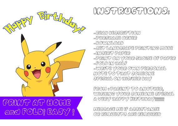 Tarjeta de cumpleaños de Pikachu - tarjeta de cumpleaños Pokemon - tarjeta  de cumpleaños digital - descargar e imprimir - nota personalizada - feliz