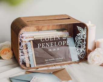 Caja de tarjetas acrílicas para boda, caja de sobres de madera personalizada, decoración de ceremonia rústica boho, soporte de boda para tarjetas y regalos