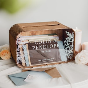 Caixa de cartão acrílica de casamento, caixa de envelope de madeira personalizada, decoração rústica de cerimônia boho, suporte de casamento para cartões e presentes