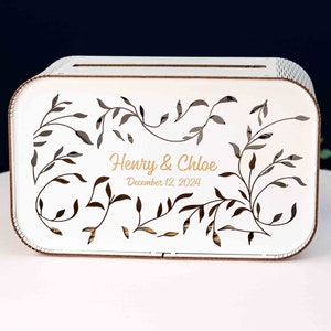 Weiße Hochzeit Kartenbox personalisiert, Benutzerdefinierte Andenken Box mit Schlitz, Holz Spardose, Flitterwochen-Fonds, Hochzeitsempfang Dekor, Schattenbox