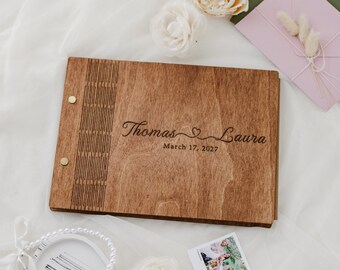 Wooden Wedding Photo Album With Hardcover, Personalized Ceremony Guest Book,   Memory Book For Him and Her, Bridal Shower Guest Book