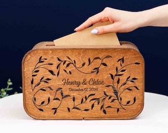 Caja de tarjetas de boda personalizada, Caja de recuerdos de madera, Caja de deseos de aniversario, Caja de recuerdos personalizada con ranura, Decoración de bodas, Fondo de luna de miel