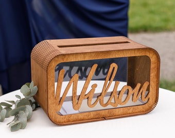 Wooden wedding card box personalized, Custom honeymoon fund box, Acrylic and wood container with slot, Keepsake box, Money bank