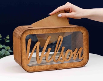 Caja de tarjeta de boda personalizada, caja de recuerdo de madera, fondo de luna de miel, contenedor de acrílico transparente personalizado con ranura, caja de memoria, banco de dinero