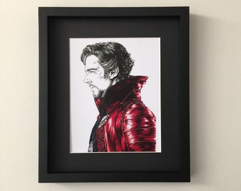 Fan art print of portrait ink and gouache painting of Doctor Strange, Benedict Cumberbatch