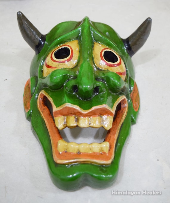 Wooden Green Oni Mask. Hancraved From Single Wood. 100 % Handmade