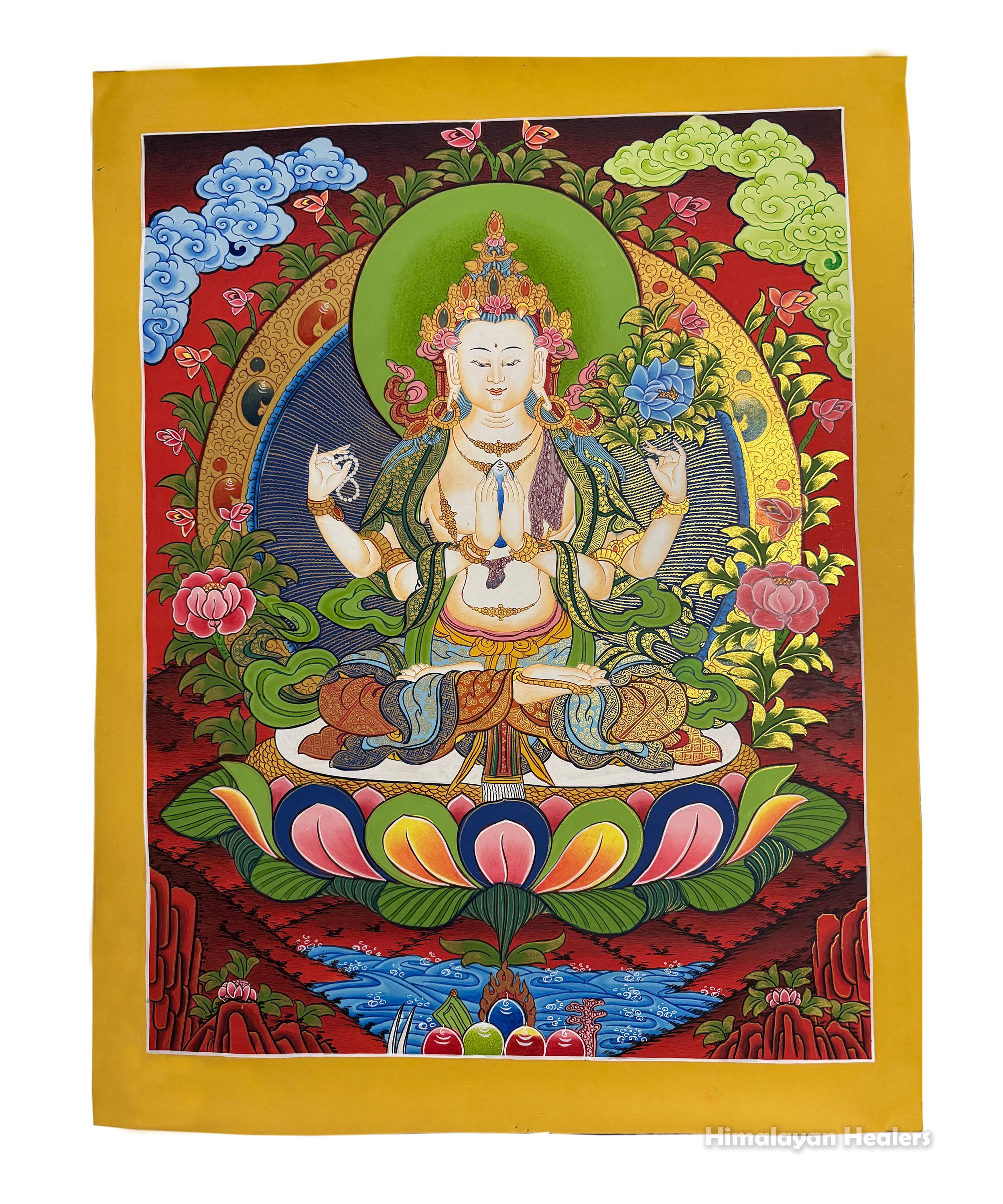 45 cm x 60 cm Hand-Painted Tibetan Thangka Painting / Original Buddhist Art  painting of Chenrezig / Avalokiteshvara from NEPAL