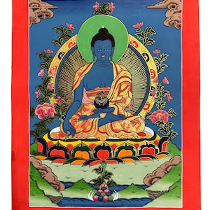 28 cm x 38 cm Hand-Painted Tibetan Thangka Painting / Original Buddhist Art  painting of Medicine Buddha from NEPAL