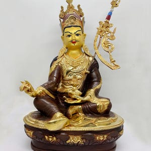 13.78 &quot; Guru Rimpoche 24K Gold Plated and Gold Painted Padmasambhava,  Buddhist Handmade Statue. 100 % Handmade in Nepal