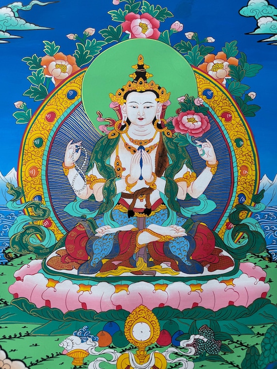 手描きのチェンレジタンカ：ネパールのチベット仏教美術（46 cm x 60