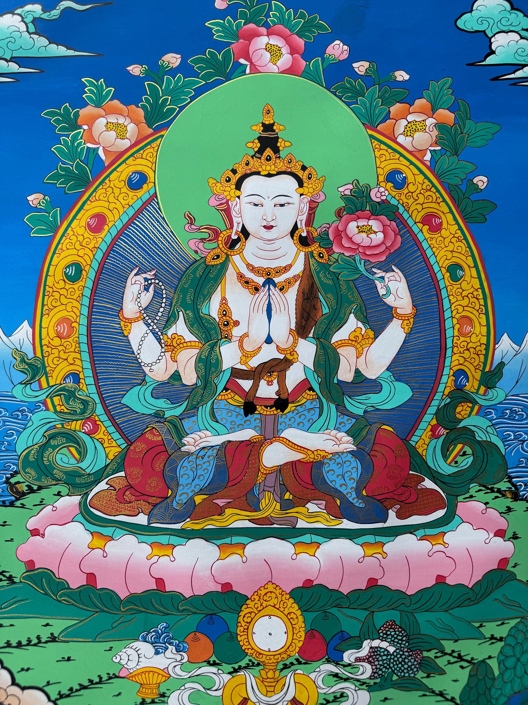 手描きのチェンレジタンカ：ネパールのチベット仏教美術（46 cm x 60
