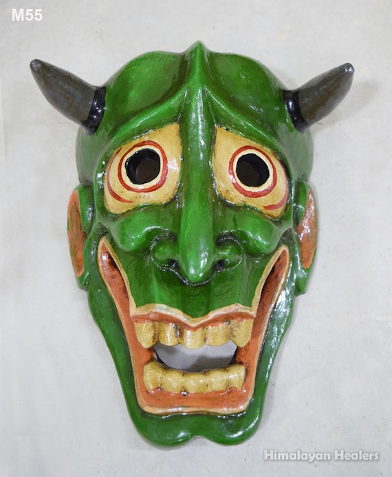 Wooden Green Oni Mask. Hancraved From Single Wood. 100 % Handmade