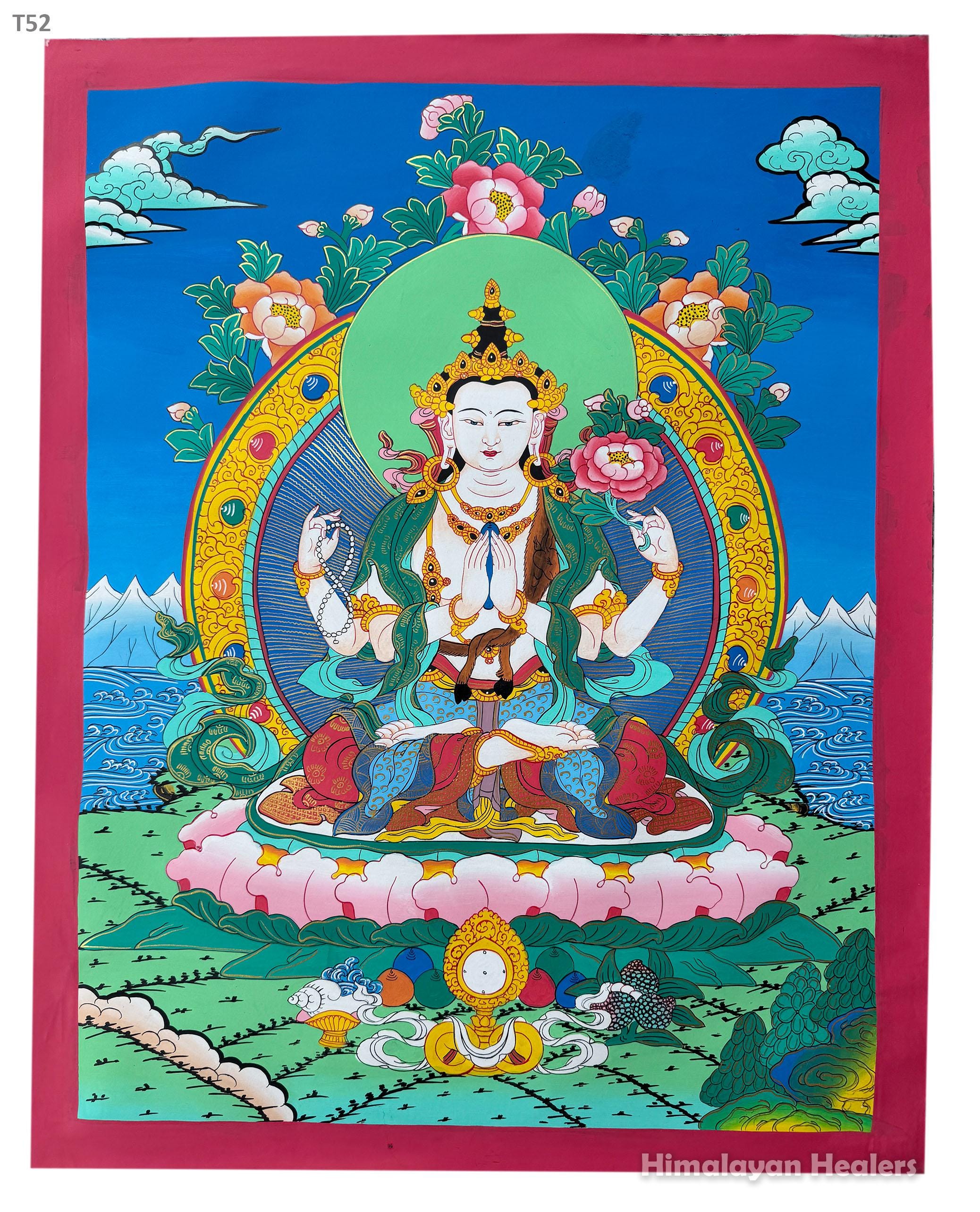 手描きのチェンレジタンカ：ネパールのチベット仏教美術（46 cm x 60