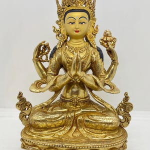 Gilded Chenrezig / Chenrezig Wangchuk / Avalokiteśvara Statue 24K Gold Face paint. Handmade in Nepal (FREE SHIPPING)