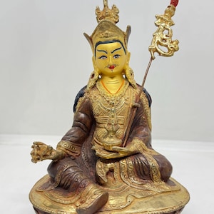 Guru Rimpoche / Padmasambhava 24K Gold Plated and Copper Oxidised / Buddhist Handmade Statue.  Handmade in Nepal (FREE SHIPPING)