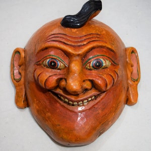 Large Handmade Orange Wooden Joker Mask: Nepal Shaman Wall Decor