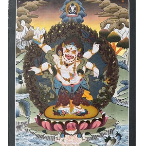 24K Gold White Mahakala Thangka |  with Buddha Shakti | Tibetan Himalayan Wrathful Deity Painting for Protection & Prosperity.