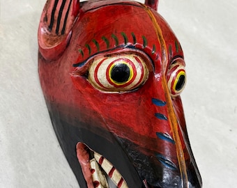 Wooden Tantric Tibetan Red Dog Mask . 100 % Hand-carved from Nepal