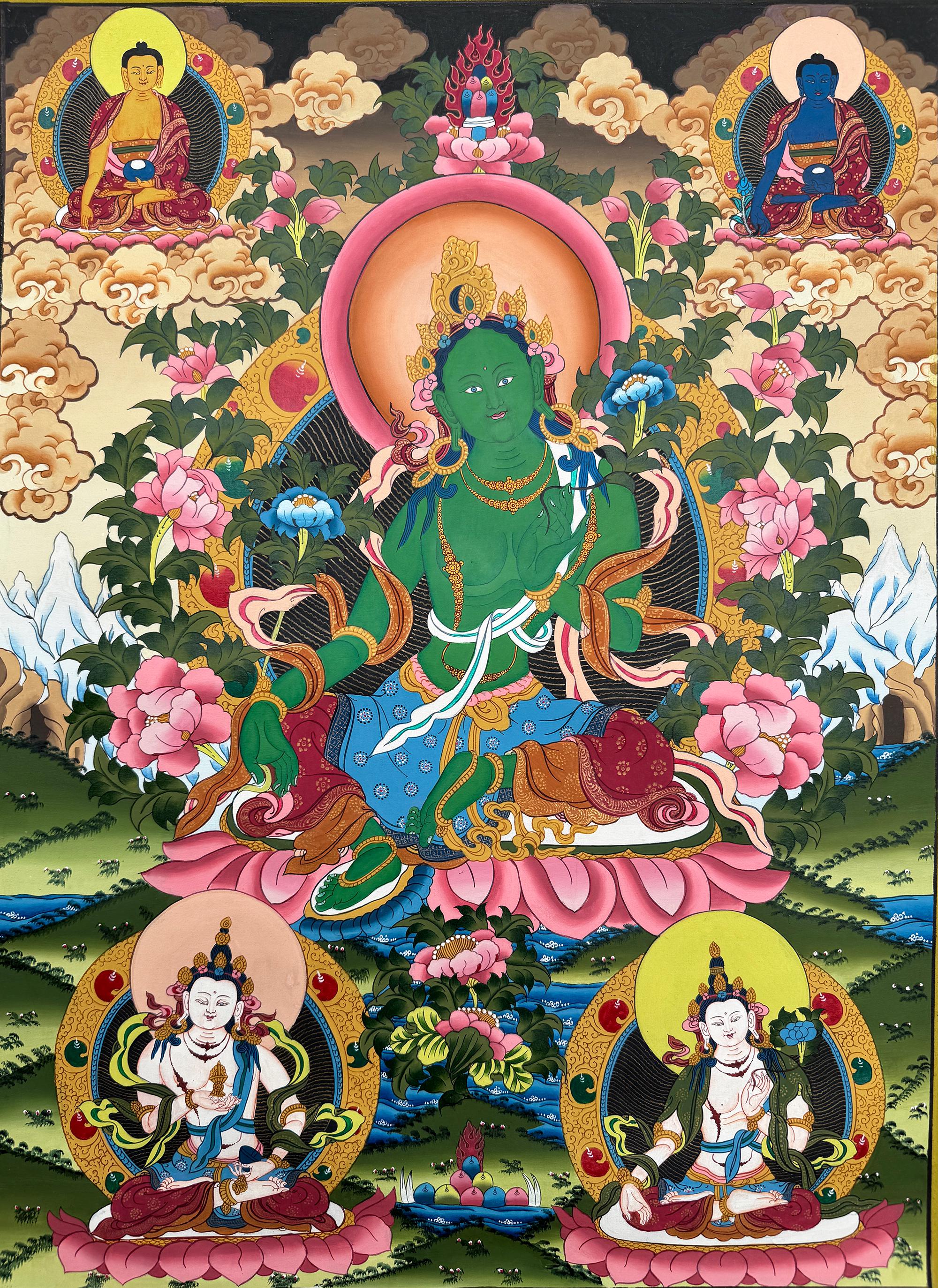 24Kゴールドのグリーンターラタンカ：手描きのネパール仏教美術（45 x