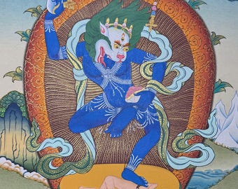 Simhamukha Thangka-målning i 24K guld: Dakini med lejoninsikte, Nepal