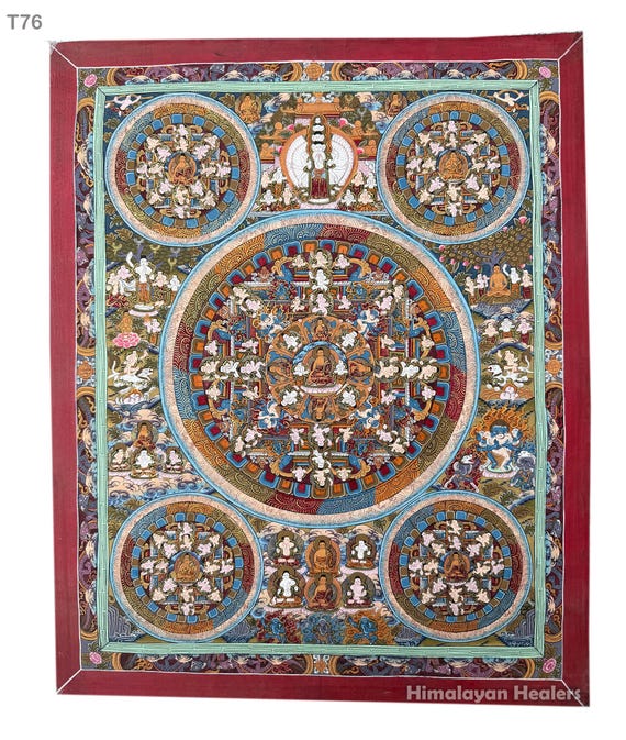 手描きの 5 仏曼荼羅タンカ: 神聖なチベット芸術 - Etsy 日本